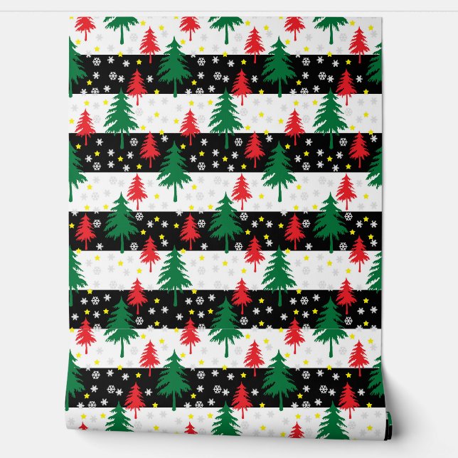 Árboles y estrellas de Navidad en pared de franjas (Desenrollar)