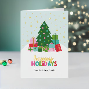 Árboles y regalos de Felices Fiestas en azul acuát