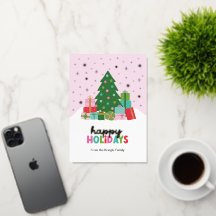 Árboles y regalos de felices fiestas en rosa paste