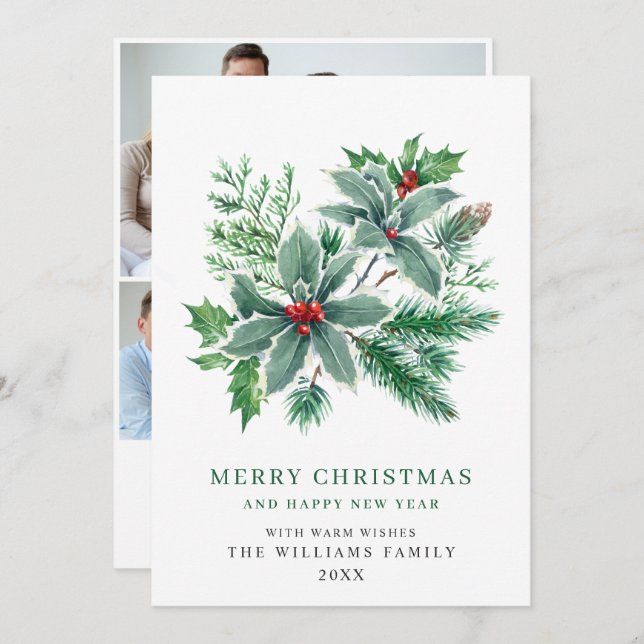 Arbusto festivo de bayas de acebo 3 FOTOS Tarjeta  (Anverso / Reverso)