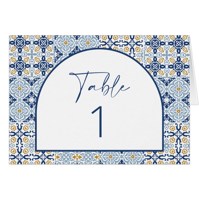 Arch Amalfi Blue Tile Table Number Tarjeta horizon (Anverso (Horizontal))