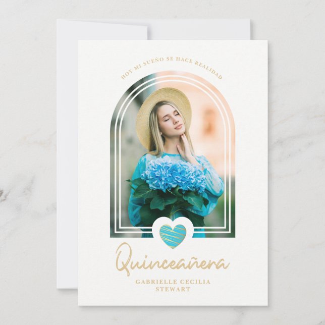 Arch Spanish Modern Blue Heart Photo Quinceañera (Anverso)