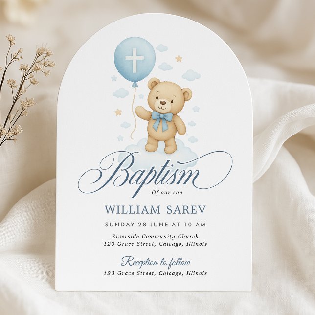 Arched Teddy Bear Boy Baptism Invitación (Elegant arched boy baptism invite with teddy and cross balloon – perfect for a timeless ceremony)