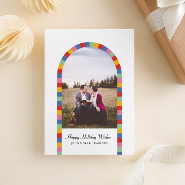Arco Colorido Fronterizo Foto Navidad Fiesta (custom colored arched border of colorful squares one photo Christmas holiday card)