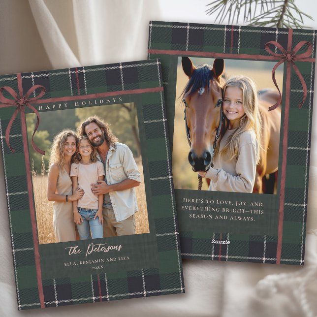 Arco de las Fiestas de Navidad  Plaid Tartán 2-Fot (plaid tartan christmas photo card elegant 2 photos traditional classic scottish green red bow)