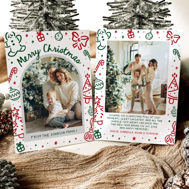 Arco de mano caprichoso fotografía navidad (Whimsical Hand Drawn Arch Photo Merry Christmas Holiday Card)