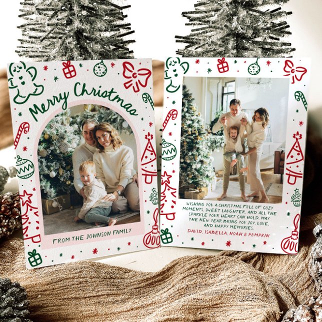 Arco de mano caprichoso fotografía navidad (Whimsical Hand Drawn Arch Photo Merry Christmas Holiday Card)