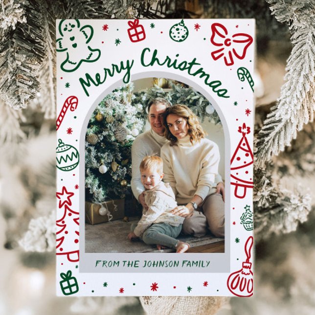 Arco de mano caprichoso fotografía navidad (Whimsical Hand Drawn Arch Photo Merry Christmas Holiday Card)