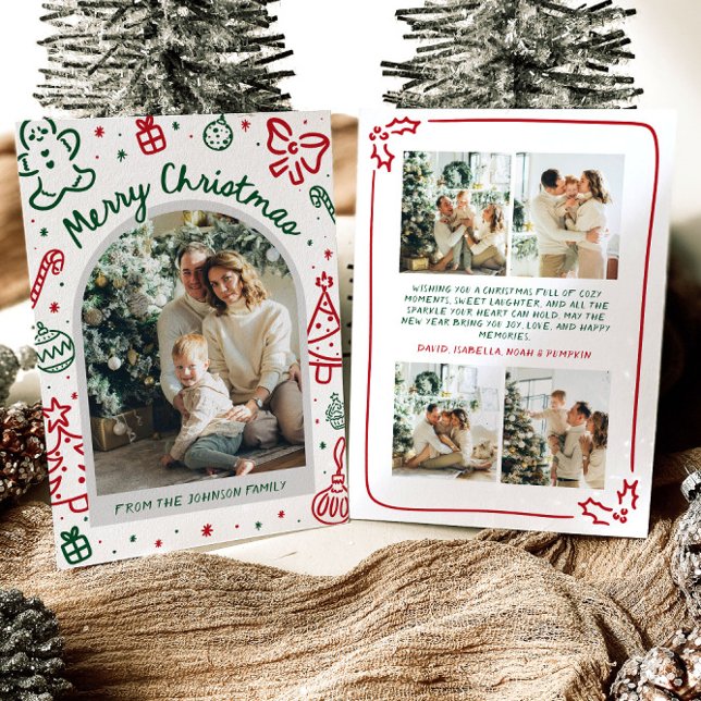 Arco de mano caprichoso fotografía navidad (Whimsical Hand Drawn Arch Photo Merry Christmas Holiday Card)