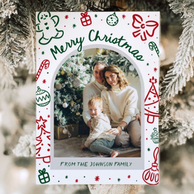 Arco de mano caprichoso fotografía navidad (Whimsical Hand Drawn Arch Photo Merry Christmas Holiday Card)