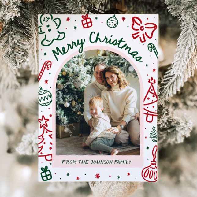 Arco de mano caprichoso fotografía navidad (Whimsical Hand Drawn Arch Photo Merry Christmas Holiday Card)