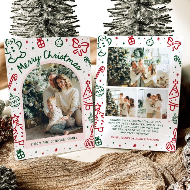 Arco de mano caprichoso fotografía navidad (Whimsical Hand Drawn Arch Photo Merry Christmas Holiday Card)