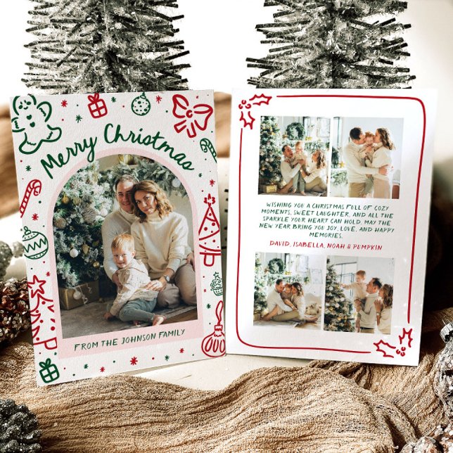 Arco de mano caprichoso fotografía navidad (Whimsical Hand Drawn Arch Photo Merry Christmas Holiday Card)