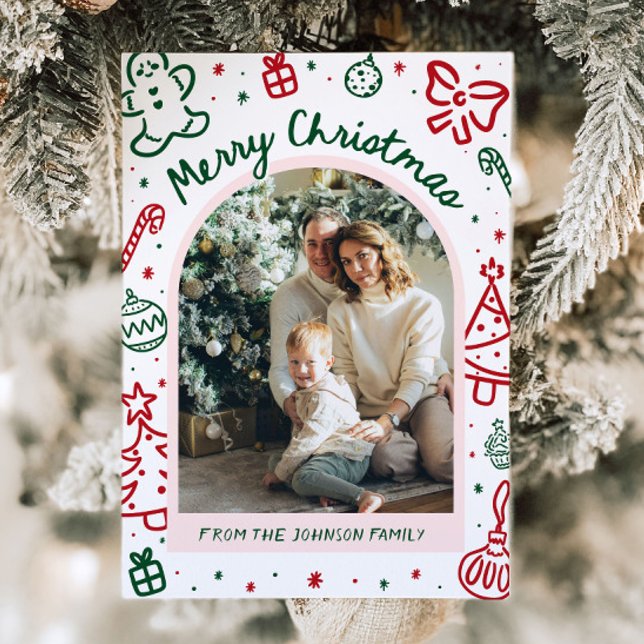 Arco de mano caprichoso fotografía navidad (Whimsical Hand Drawn Arch Photo Merry Christmas Holiday Card)