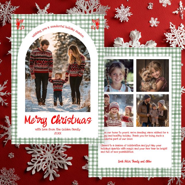 Arco de Navidad personalizado Gingham Rojo Verde 5 (Gingham Red Green Christmas Custom Arch 5 Photo Holiday Card
)