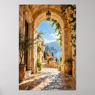 Arco de piedra mediterráneo y arte mural de vista 