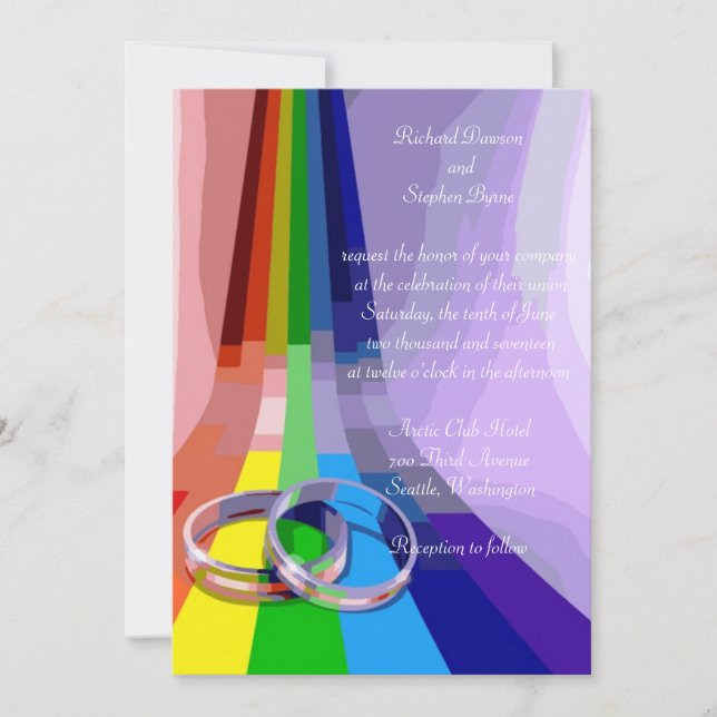 Arco iris gay y anillos que casan la invitación (Anverso)