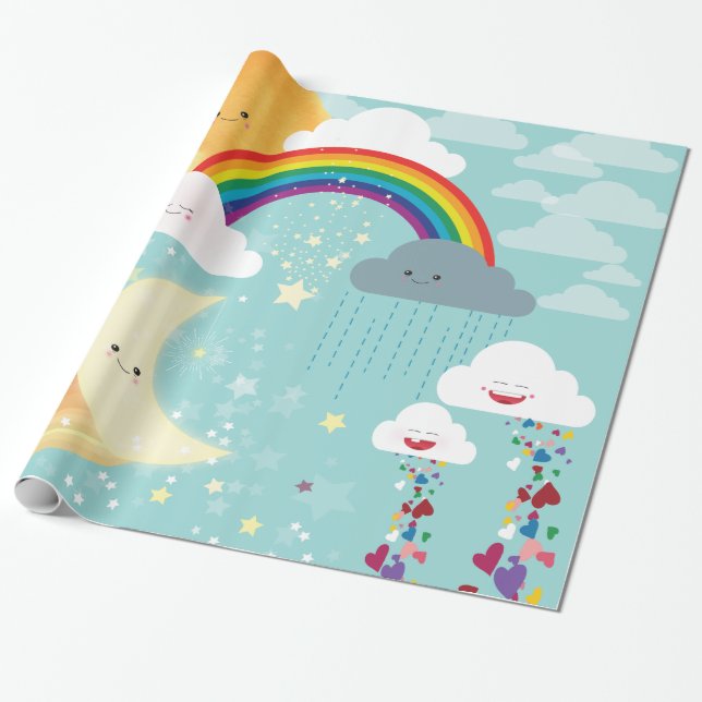 Arco iris, luna y papel de regalo de las estrellas (Desenrollado)