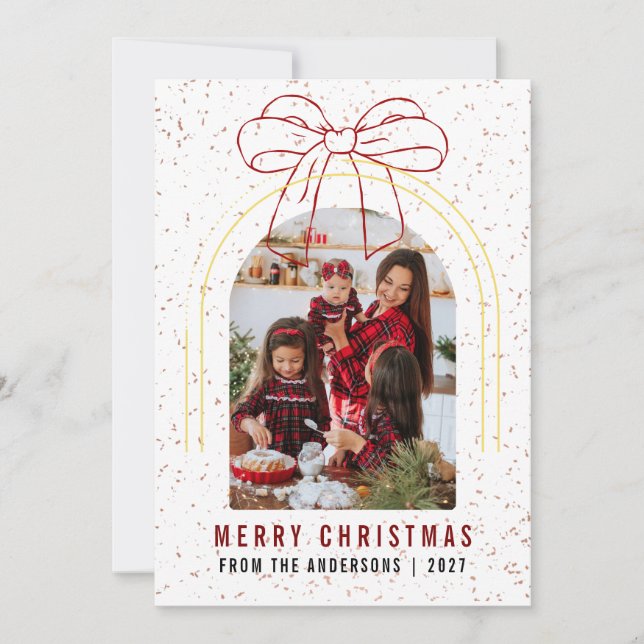 Arco moderno de cinta roja para foto Feliz Navidad (Anverso)