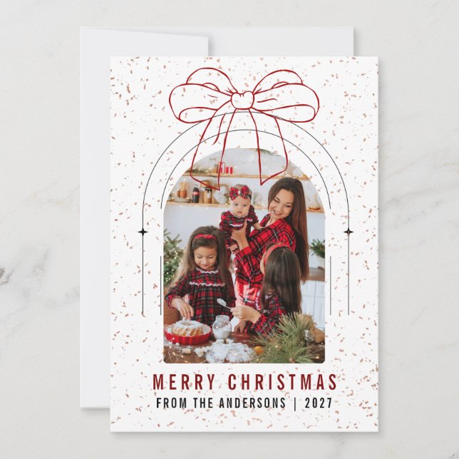 Arco moderno de cinta roja para foto Feliz Navidad (Anverso)