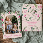 Arco moderno de follaje rosa Feliz Navidad 1 Foto<br><div class="desc">Esta colección cuenta con flores color agua rosa brillante,  bayas y vegetación de invierno con tipografía moderna y elegante,  con un patrón botánico de invierno.</div>