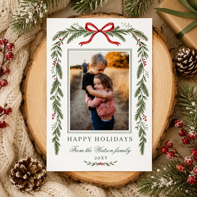 Arco rojo botánico de invierno de Navidad 4 Foto  (Winter Botanical Red Bow Christmas 4 Photo Holiday Card)