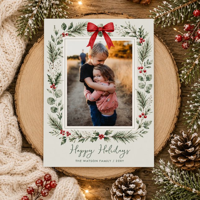 Arco rojo botánico de invierno de Navidad 4 Foto  (Winter Botanical Red Bow Christmas 4 Photo Holiday Card)