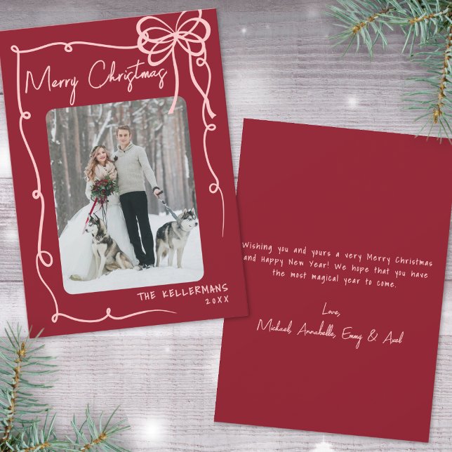 Arco Rojo Retro de Navidad Dibujado a Mano (Hand Drawn Ribbon Bow Red Retro Christmas Holiday Card)