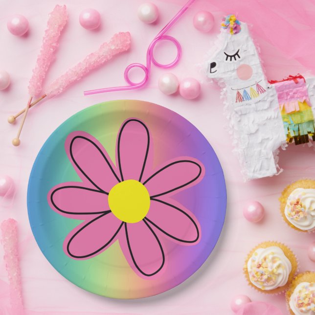 Arcoíris con Flor Rosa Plato de Papel (Fiesta)