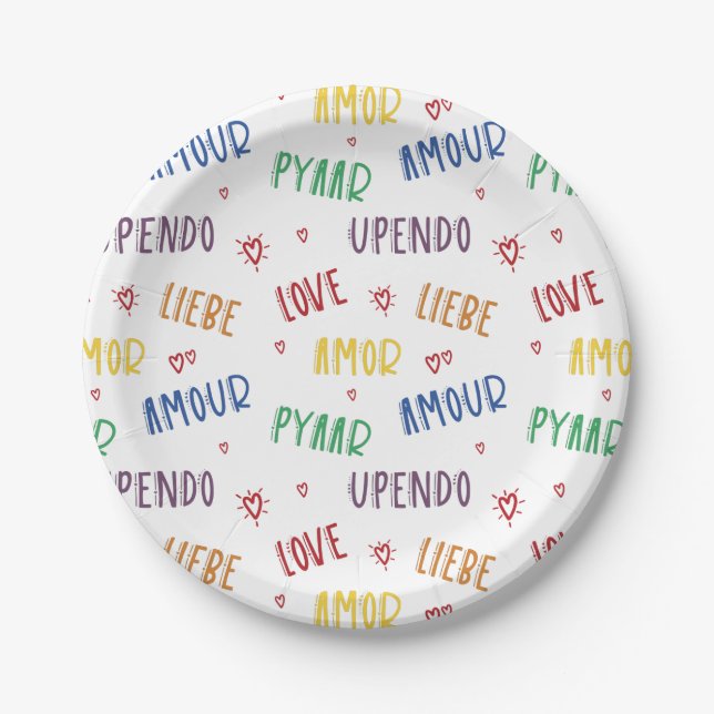 Arcoíris de Amor en Muchos Idiomas Plato de Papel  (Anverso)