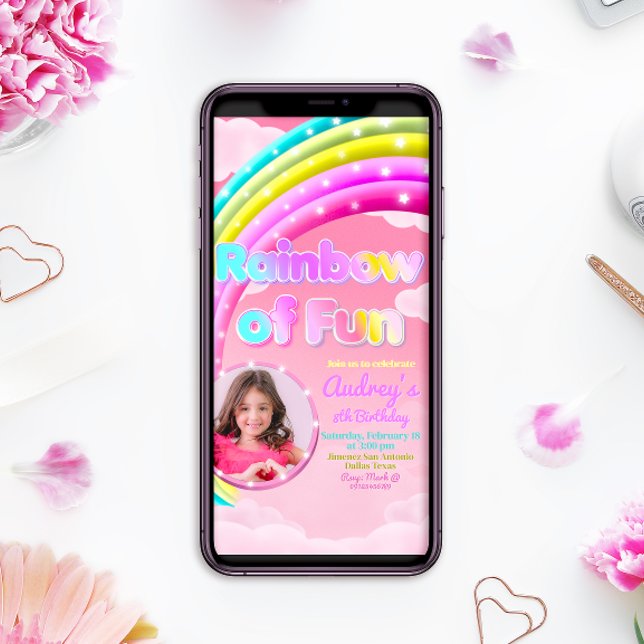 Arcoiris de diversión con invitación a celular fot (Rainbow Birthday Mobile Phone Invitation with Photo)