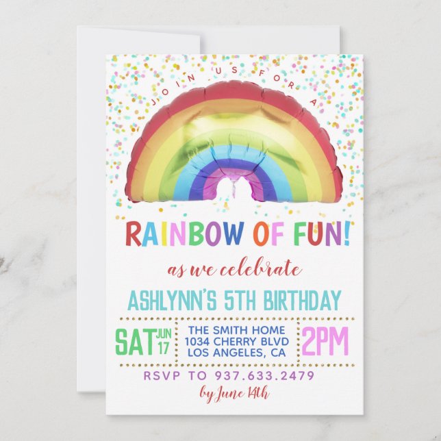 Arcoiris de divertida invitación al cumpleaños (Anverso)
