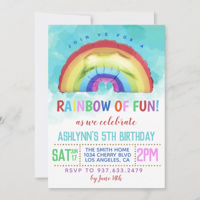Arcoiris de divertida invitación al cumpleaños (Anverso)