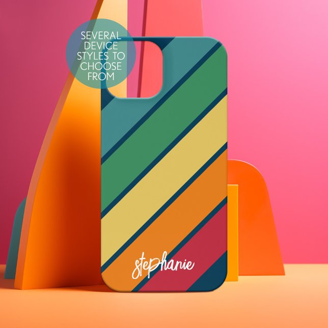 Arcoiris de patrón de banda retro - Nombre de guió (Personalized Phone Case - Choose Your Device and Customize the Design)