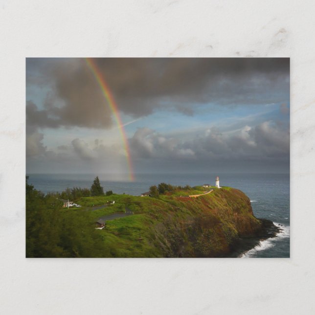 Arcoiris sobre faro en postal Kauai (Anverso)