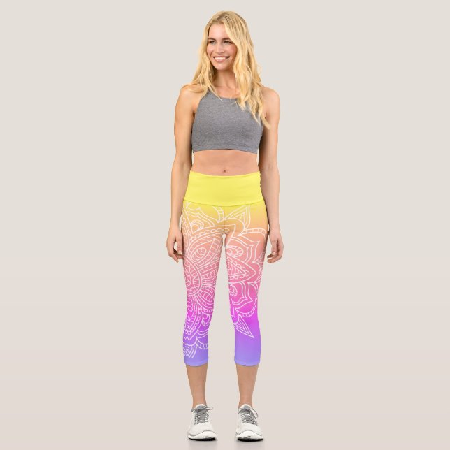 Arcoiris y Mandala blanca Yoga Capri Leggings (Anverso)