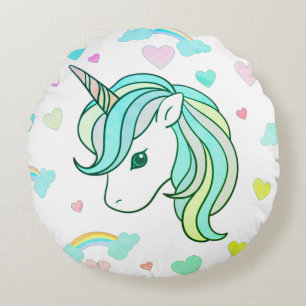 Arcos de lluvia y almohada verde unicornio redonda