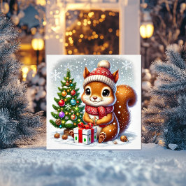 Ardilla con árbol de Navidad y regalo