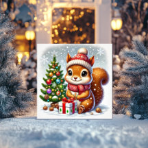 Ardilla con árbol y regalo de Navidad