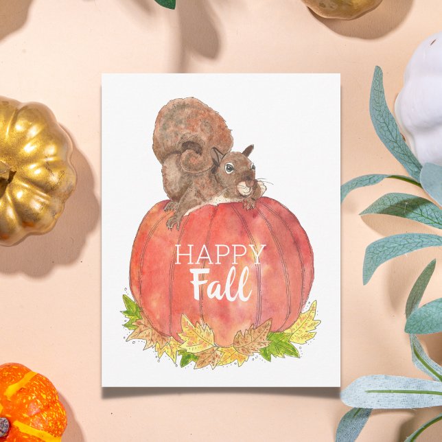 ardilla de otoño feliz en la postal de la calabaza (Happy Fall Watercolor Postcard)