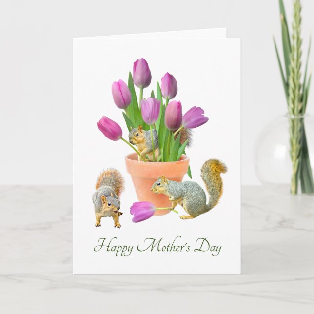 Ardillas con la tarjeta del día de la madre de tul (Anverso)