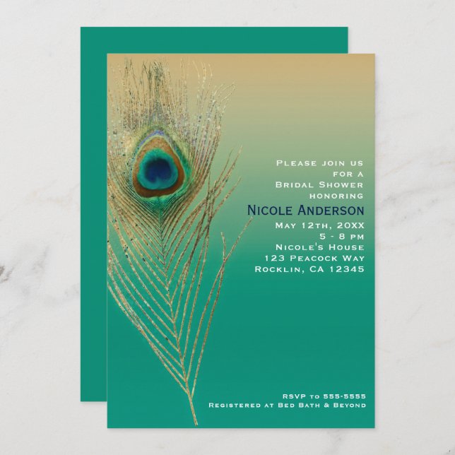 Arena de piel de pavo real y invitación Verde azul (Anverso / Reverso)