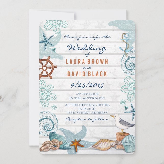 Arenas de arena azul náutica Invitación a la boda (Reverso)