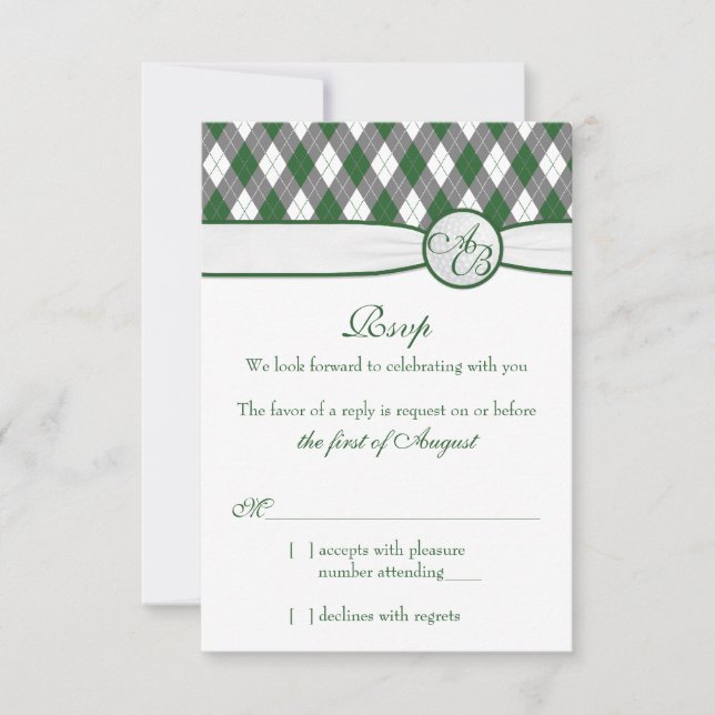 Argyle Golfball Golf Green Monogram Wedding RSVP (Anverso)