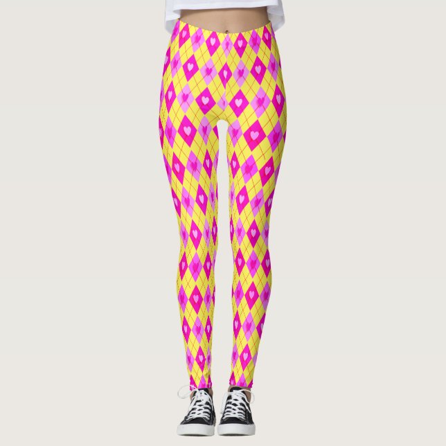 Argyle Pink Diamonds Hearts Pattern Leggings (Anverso)