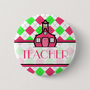 Argyle rosado y verde del botón del profesor -