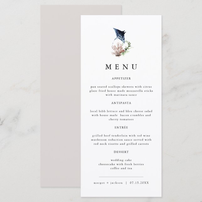 ARIEL Tropical Ocean Coral Manta Ray Beach Menú (Anverso / Reverso)