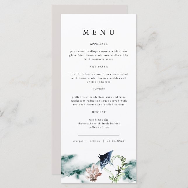 ARIEL Tropical Ocean Coral Manta Ray Beach Menú (Anverso / Reverso)