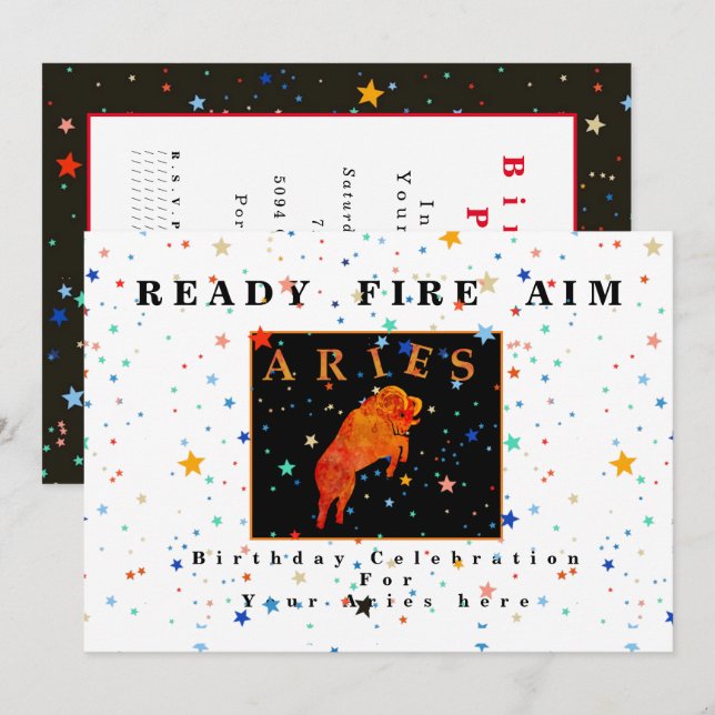 Aries zodiaco LISTO DISPARA FUEGO Invitación moder (Anverso / Reverso)