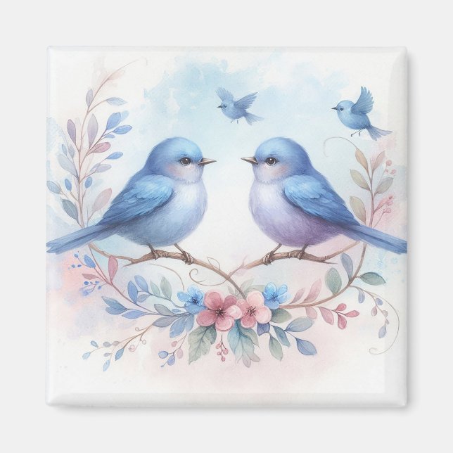 Armonía de pájaro azul en un imán de perca floral (Frente)